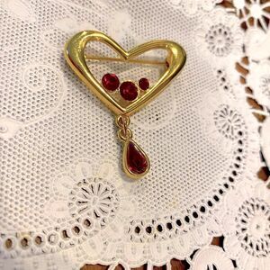Vintage Lia Dangling Gold Heart with Ruby Red Crystals Brooch